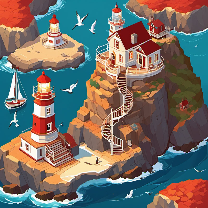 Isometric illustration of a lighthouse library on coastal cliffs